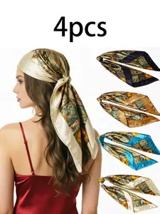 4PCS/set 90*90cm Large Square Head Scarves Silk Like Neck Scarf Bandana Hair Sleeping Head Wrap Fashionable Hair Scarfs for Women