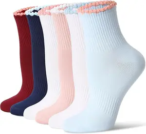 CS Coquette Mini Crew Ankle Socks 6 Pairs for Women Scalloped Top Casual Soft Cotton Socks