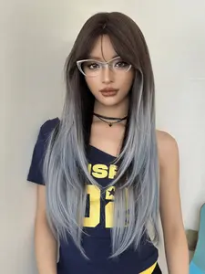 Elegant 28-Inch Extra Long Striaght Brown Ombre Light Wash Wig for Women,Natura Striaght Wigs with Curtain Bangs Dark Roots, Synthetic Fiber Full Machine Hair Daily & Music Festival Party Wear, All-match Fashion Accessories