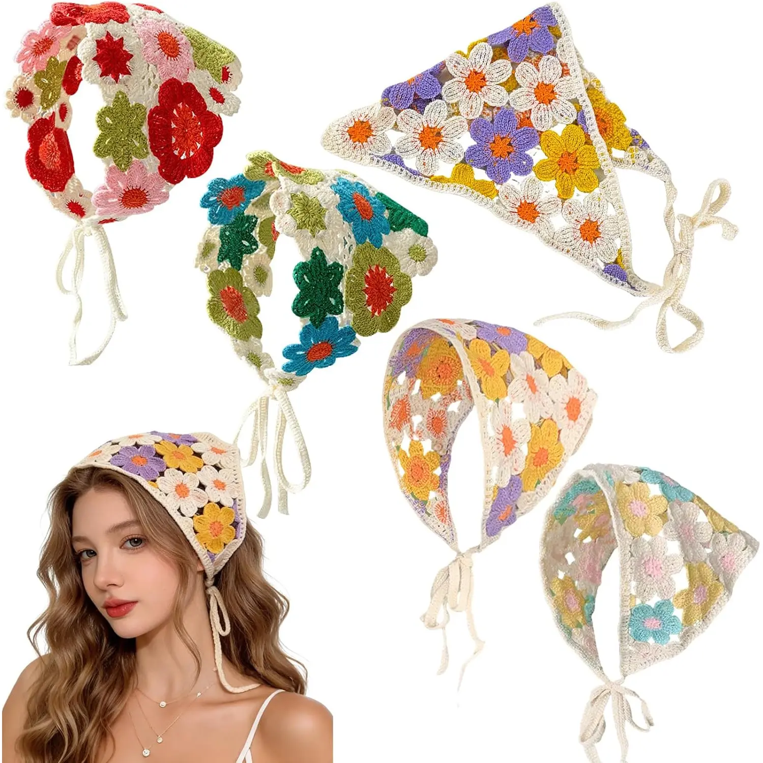 Boho Crochet Head Scarf for Women with Knitted Daisy Flower Pattern, Vintage Tie-Back Bandana, Lightweight & Breathable Hair Wrap, Female, Floral, Daisy Flowers