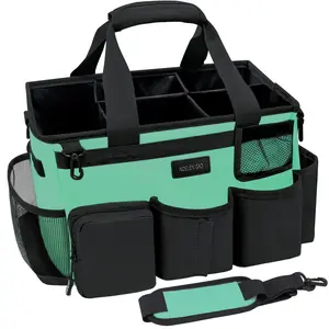 Green wearable cleaning bag with handle and shoulder strap suitable for cleaning car cleaning tool storage bag, with 5 foldable partitions