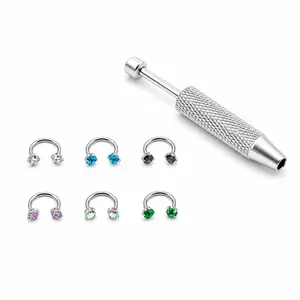 Nose Piercing Jewelry Set, 6pc 18G Internally Threaded Gem Horseshoe & Hoop Rings in 316L Titanium Steel with Guiding Needle