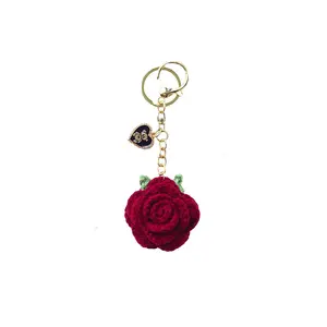 Crochet Rose cute heart  bear  Keychain, Floral Pattern Keychain, 1 Count/2 Counts Handmade Crochet Flower Keychain, Party Gift for Women & Girls, Wedding Party Gift, Graduation Gift（burgundy）