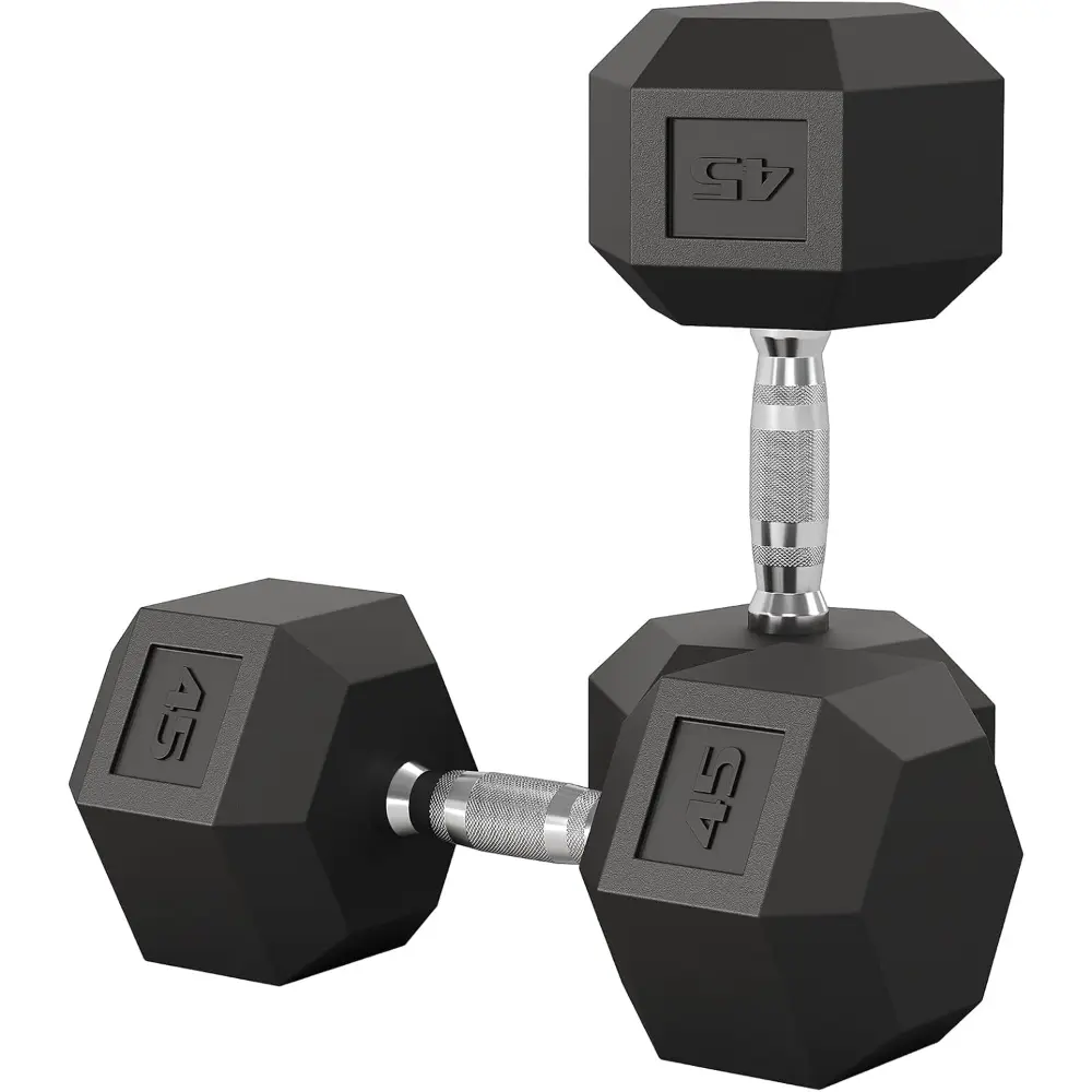 45 LB Hex Dumbbell Set of 2, Rubber Encased Cast Iron with Textured Steel Grip for Full Body Workouts, Resistance Training & At Home Gym Use, Muscle Training Equipment, Solid Core, Anti-Roll, Hex Shape, Whole Body, Muscle Exercise Equipment, Rubber Coated