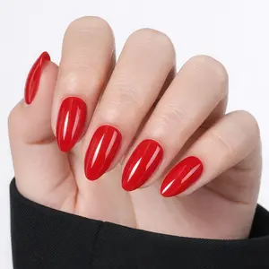 UNA GELLA 32Pcs Soft Gel Press on Nails - 16 Sizes Classic Red Almond Glue on Nails, Reusable Glossy Solid Red False Nails, Full Cover Acrylic Nail Kit for Women DIY Home Manicure