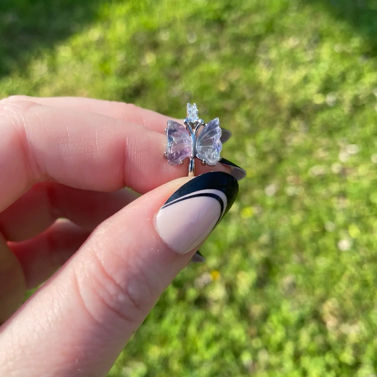 Fluorite Crystal Butterfly White Bronze Ring size 8