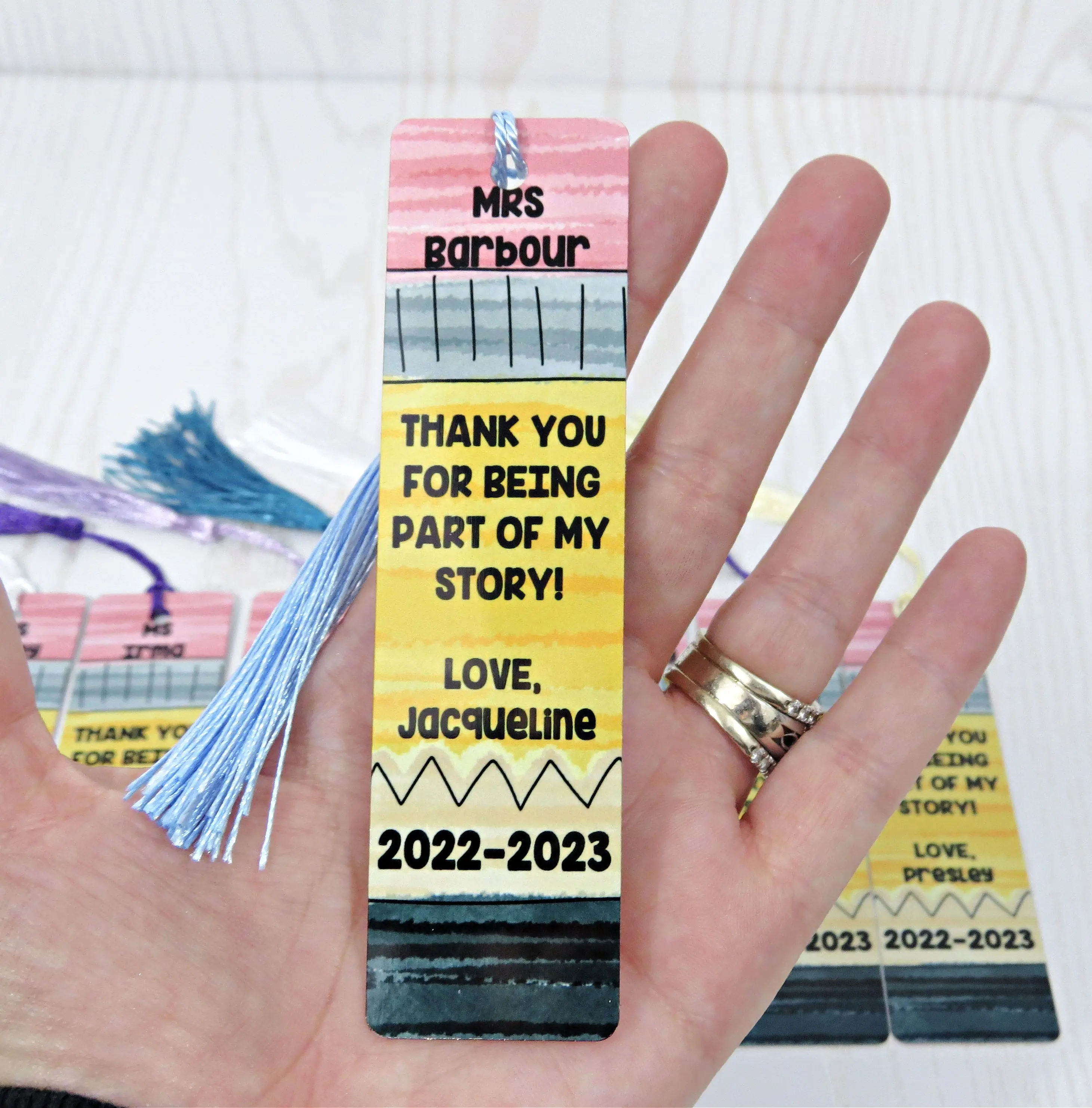 Personalized “Thank You for Being Part of My Story” Teacher Bookmark – Custom Name Pencil Design with Tassel