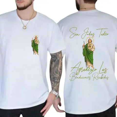 Men's Saint Jude Thaddeus Apparel T-Shirt - 2-Sided Digital Print Crew Neck Short Sleeve Cotton Casual Fitted Streetwear Menswear Top, Ideal for Parties