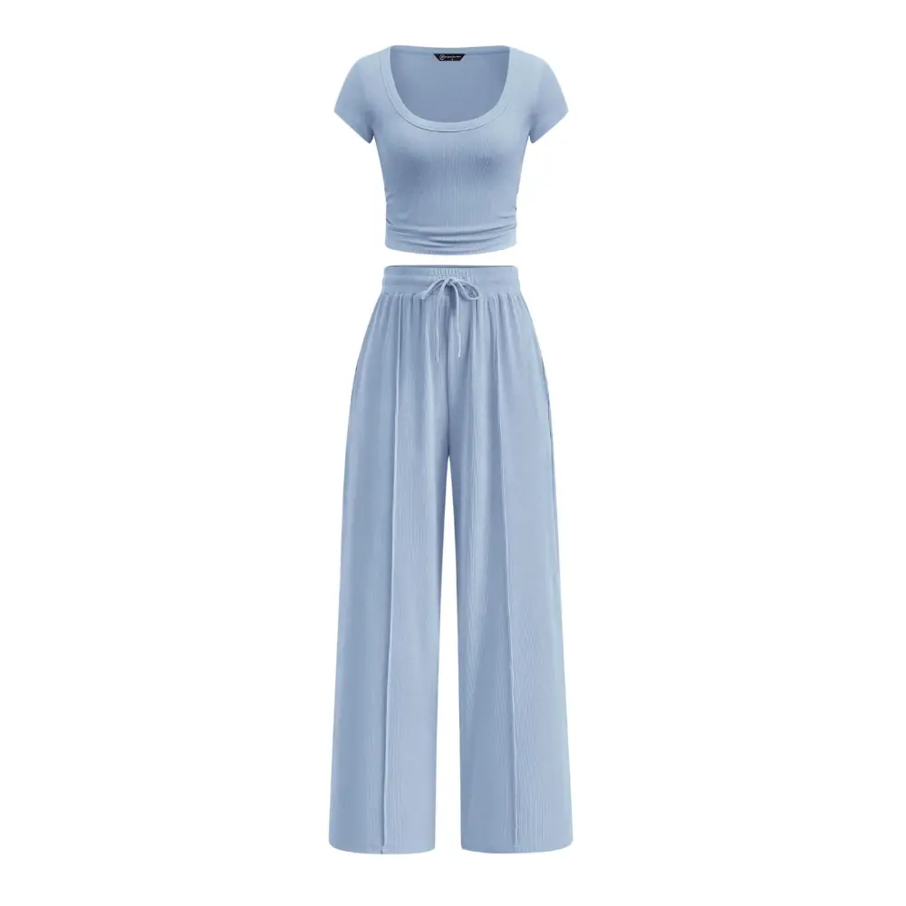 PrettyGarden Women's Scoop Neck 2 Piece Matching Lounge Sets Ribbed Short Sleeve Crop Tops Wide Leg Pants Summer Airport Outfits PrettyGarden Women's Scoop Neck 2 Piece Matching Lounge Sets Ribbed Short Sleeve Crop Tops Wide Leg Pants Summer Airport Outfits