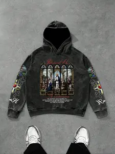 Men's Graphic Print Gothic Style Hoodie, Loose-Fitting Casual Long Sleeve Sweatshirt, Spring & Fall Fashion, Daily Wear, All Seasons