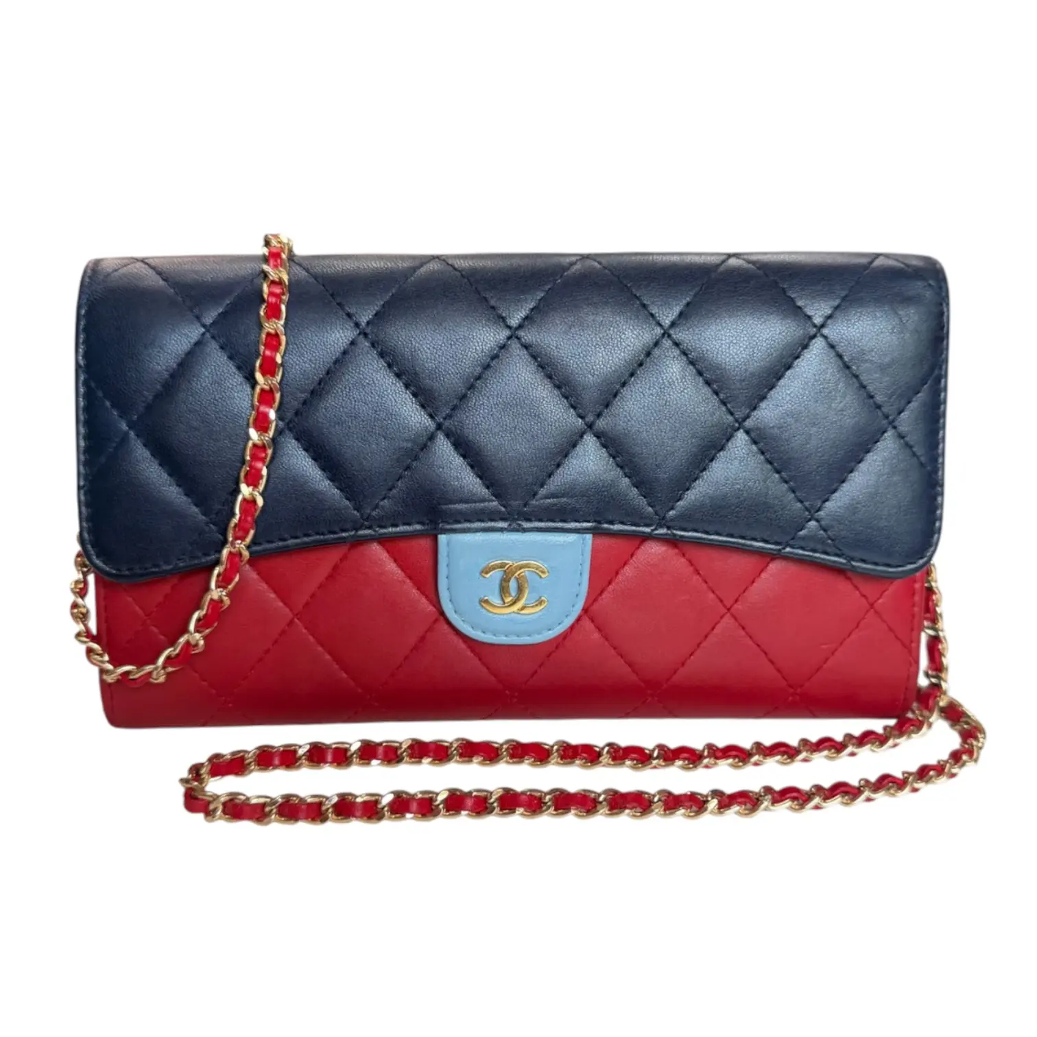 Pre-owned CHANEL Lambskin Leather Small Leather Goods Tri Color Red/Blue Lambskin GHW Classic Flap Gusseted Wallet