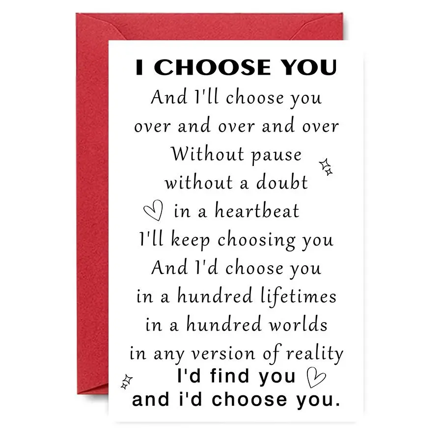 Romantic I Choose You Card, 1/3/5 Counts Letter Print Greeting Card with Envelope, Engagement Anniversary Wedding Greeting Card for Bride Groom, Quote Cards