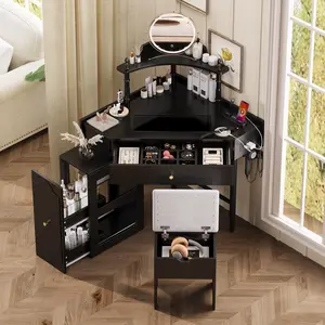 Corner Vanity Desk Set with Storage Cushioned Stool Charging Station Triangle Makeup Desk Removable Pull-Out Side Cabinet Glass Tabletop Black Wood & Glass Design