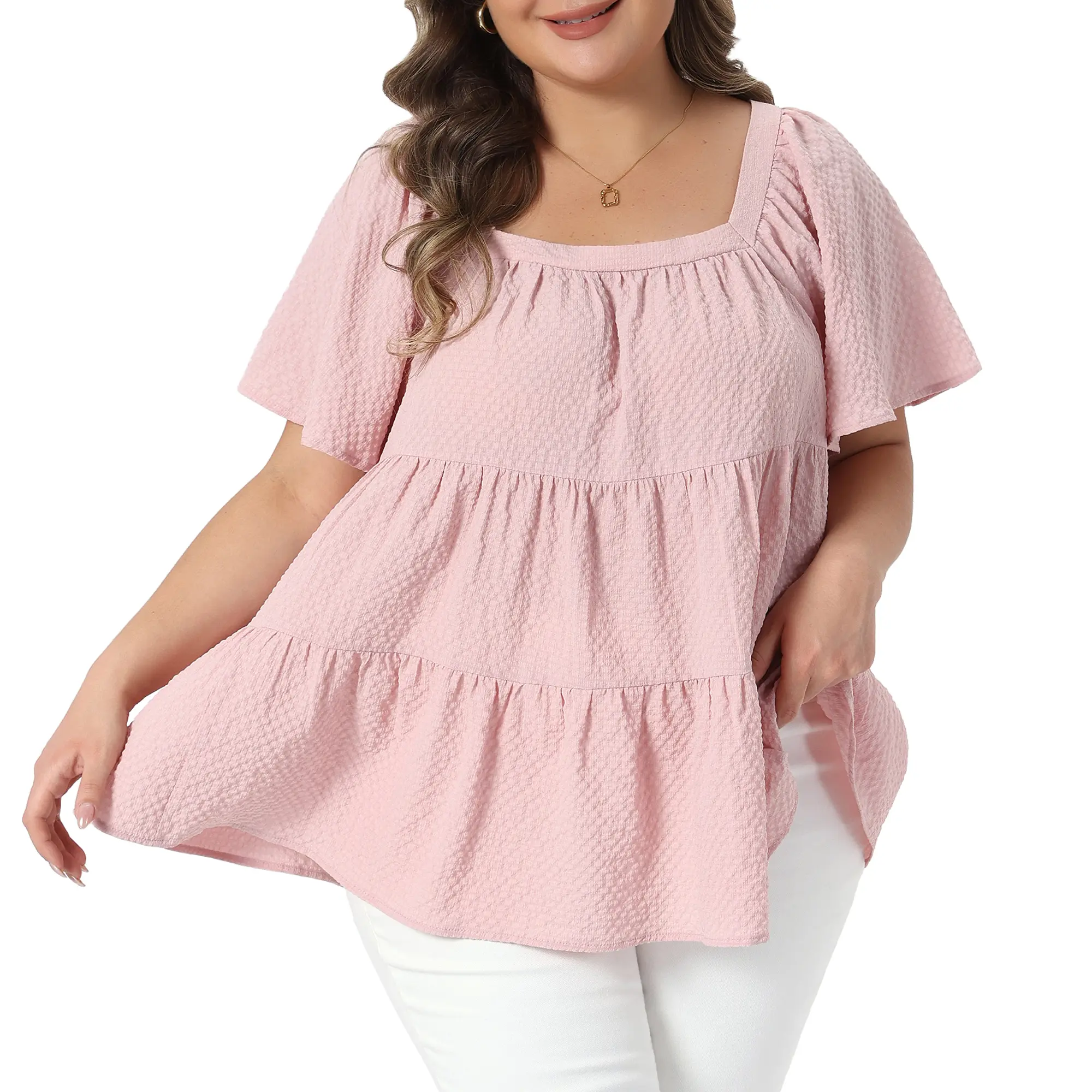 Agnes Orinda Plus Size Summer Tops Women's Square Neck Short Sleeve Babydoll Loose Flowy Swing Peplum Blouses