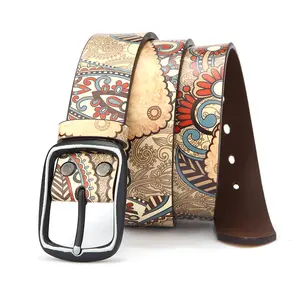 Casual vintage men's PU belt Luxury designer men's belt Yellow Blue peacock Print belt Trend men's jeans belt Leather Decorative Brown