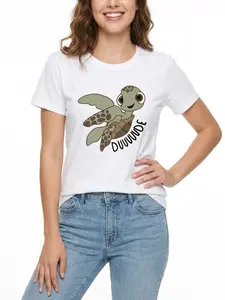 Women's Cute Sea Turtle Graphic Tee, Pure Cotton "Duuuuude" Summer Casual Top