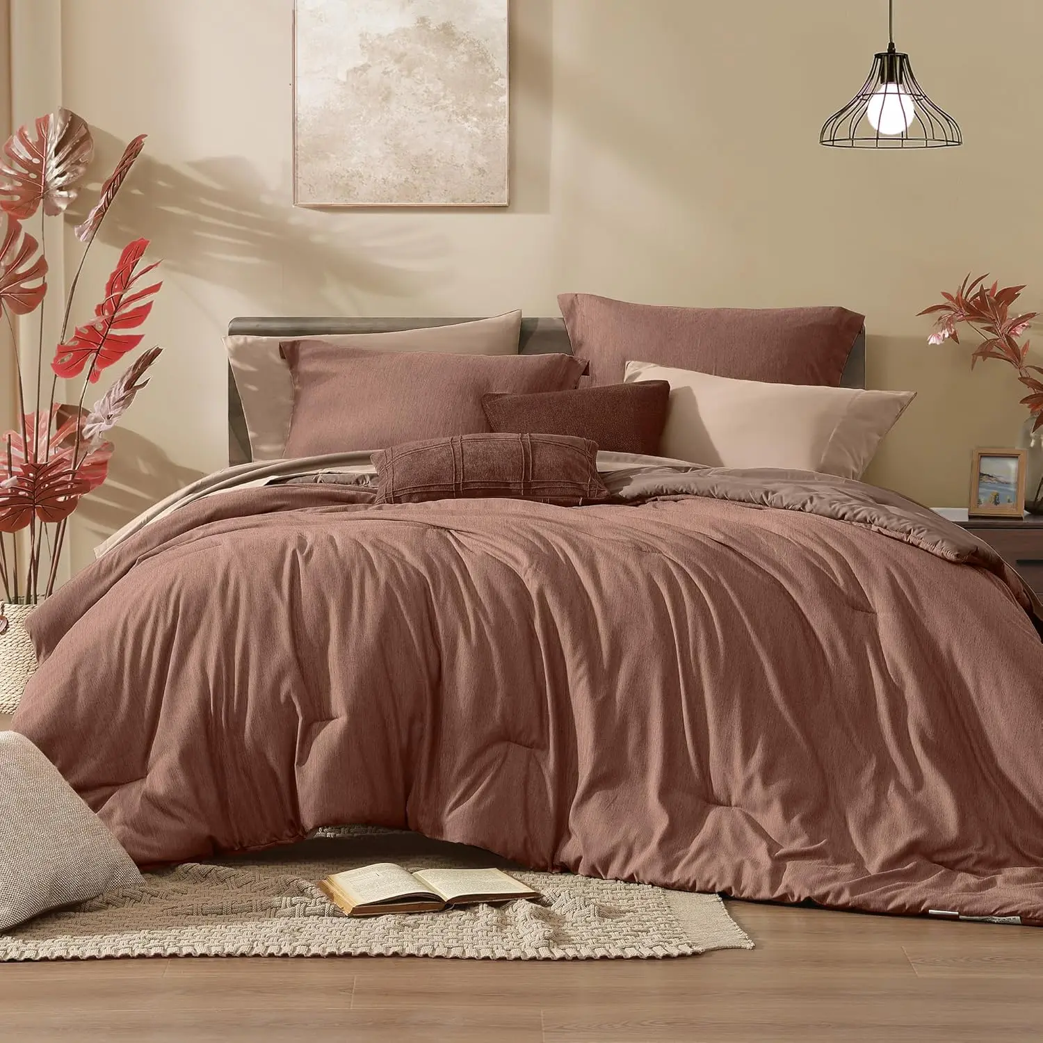 Queen Comforter - 7 Cationic Dyeing Terracotta a Bag Queen Sets with Comforter,, Pillowcases  Shams, Comforters Sets