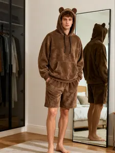Unisex Bear Ear Hoodie Shorts Set, Plush Material with Drawstring, Casual Fitted Two-Piece, Soft Warm for Daily Wear, Home Use