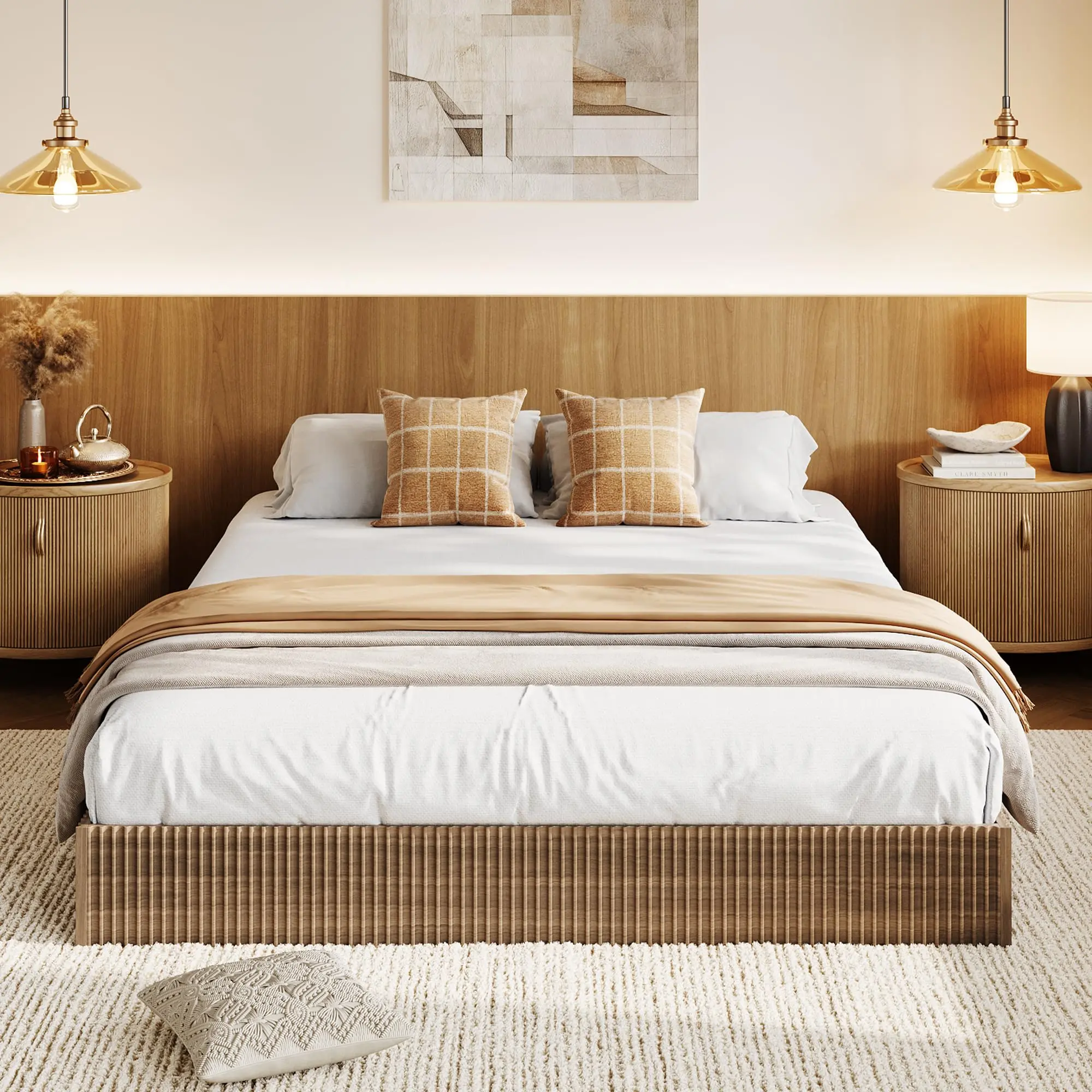 California King Bed Frame, Wooden Platform Bed Frame, Low Profile Bed Base with Fluted Design, Wooden Slat Support, Easy Assembly, No Box Spring Required, Quiet, Walnut