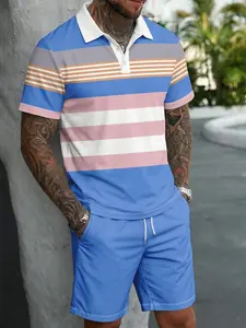 Men's Summer Striped Polo Shirt Set, Casual Short Sleeve Collar Top + Drawstring Gym Shorts, Trendy Tropical Beach Vacation