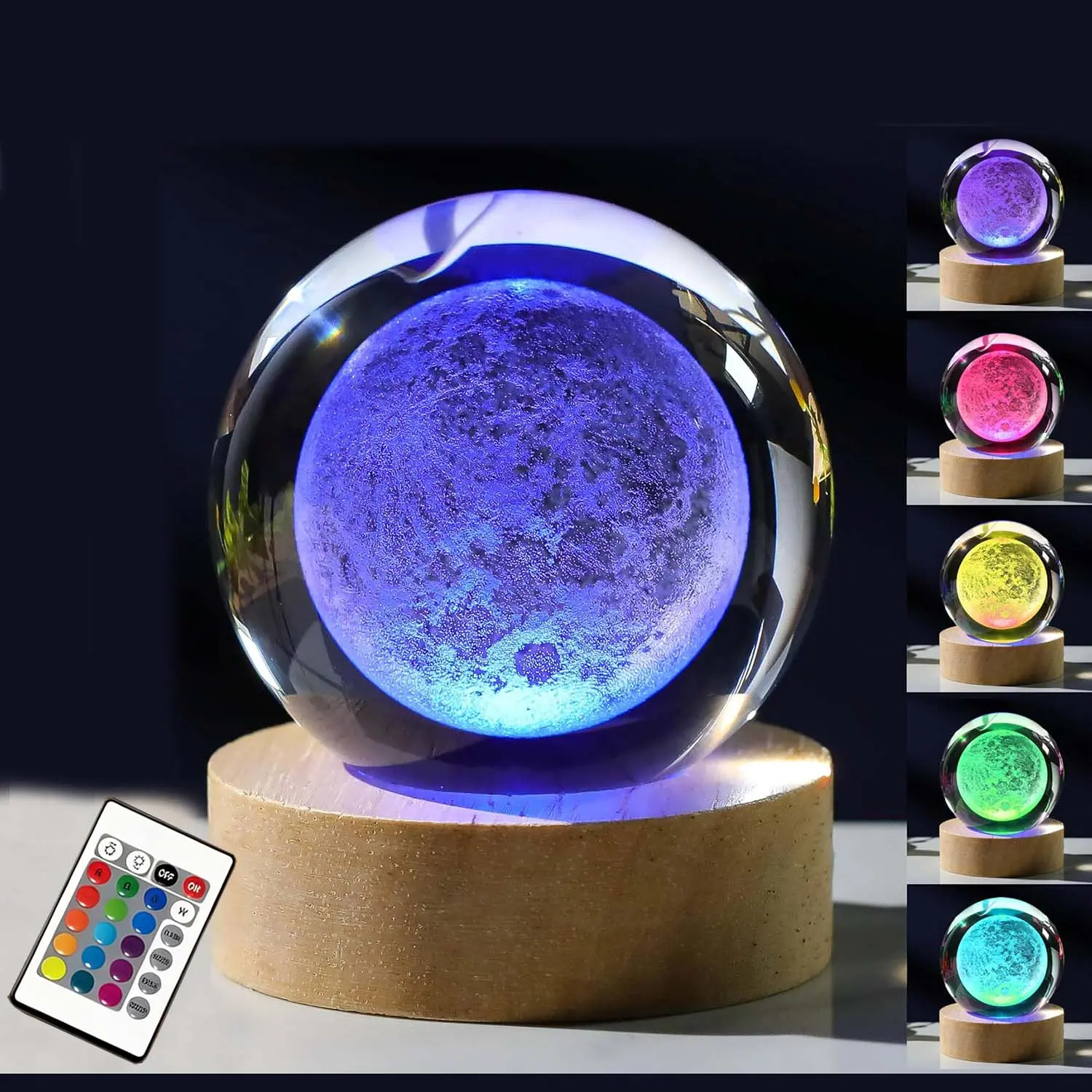 3D Moon Crystal Ball Night Light with Remote Control K9 Glass Sphere with 16-Colors Dimmable LED Base, Realistic Lunar Surface Astronomy Gifts for Kids & Adults, Moon Decor for Bedroom Desk Moon Lamp Adjustable Rgb Led