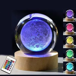 3D Moon Crystal Ball Night Light with Remote Control K9 Glass Sphere with 16-Colors Dimmable LED Base, Realistic Lunar Surface Astronomy Gifts for Kids & Adults, Moon Decor for Bedroom Desk
