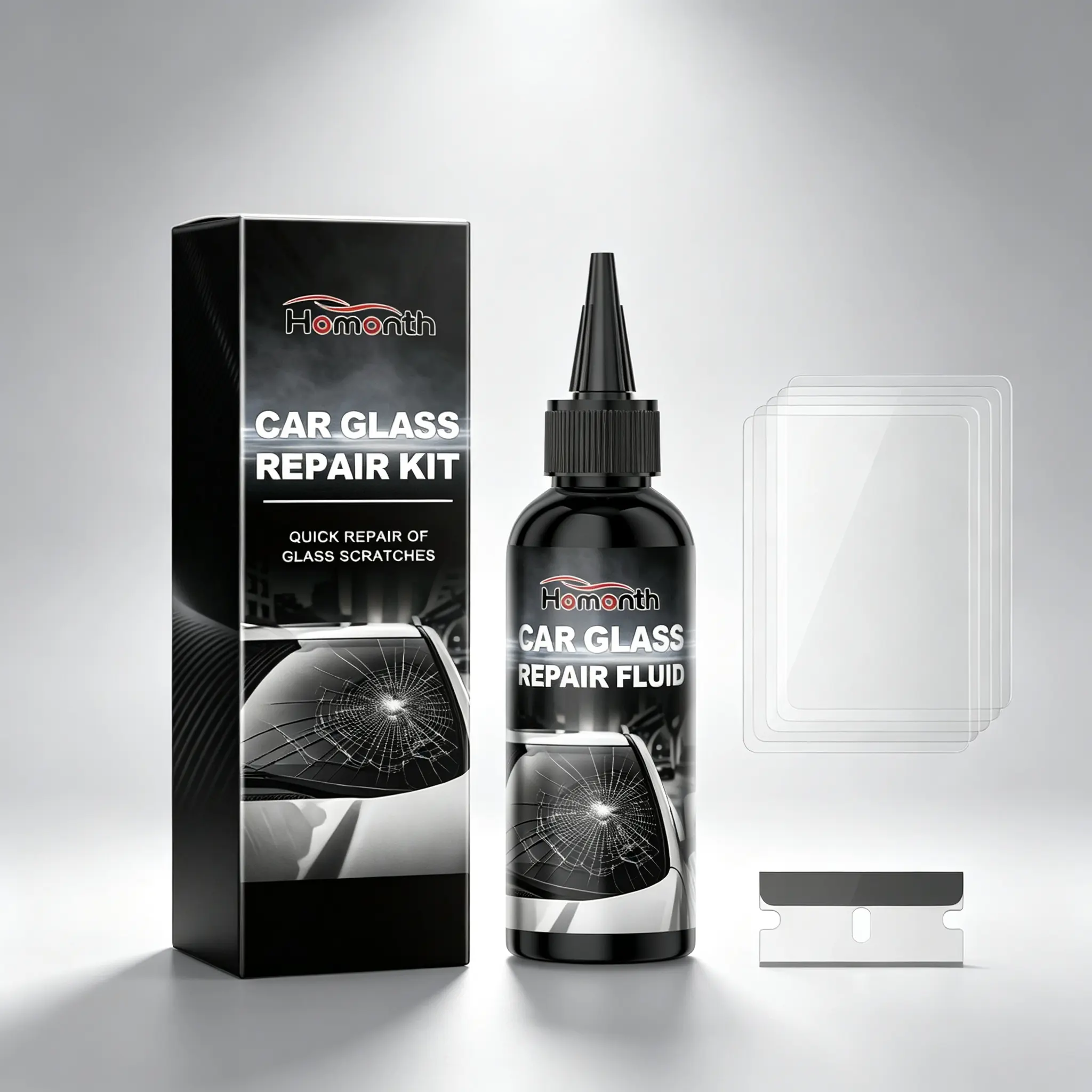 Windshield Repair Kit, 50ml Car Glass Crack Repair Fluid with 5 Repair Patches & Scraper, Quick Fix for Chips, Cracks, Bullseye & Star Damage, No Disassembly Needed, UV Cure Resin for Auto Windshield