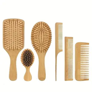 6-Piece Bamboo Cushion Comb Set, Wide Tooth Hair Combs, Styling Brushes, Mini Portable Massage Comb, Anti-Static Smooth Hair Care