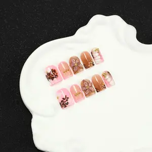10Pcs Handmade 3D Flower Press on Nails, Acrylic Fake Nails with Gold Beads, Reusable Waterproof Long Lasting Stick on Nails, Y2K Sweet Cool Bad Girl Style Press-On Nails for Women, Daily/Party Gift with Free Nail Kit, Nail Art Design