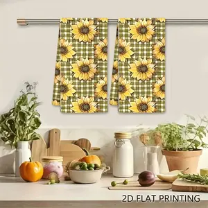 2Pcs Vintage Sunflower Gingham Kitchen Towel Yellow Flower Pattern Dish Cloth Absorbent Cleaning Rag