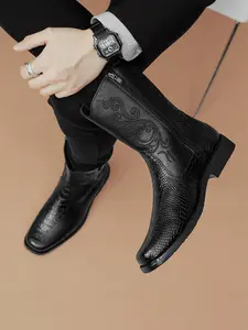 High-Quality PU Leather Men's Chelsea Boots, Western Cowboy Style High-Top Design, Embroidered Mid-Calf Large Size All Seasons, Closed
