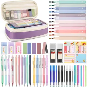 62 count Aesthetic Stationery Set with Pencil Case, No Bleed Highlighters, Gel & Erasable Pens, Mechanical Pencils, Refills, Cute College School Supplies for Note Taking, Journaling
