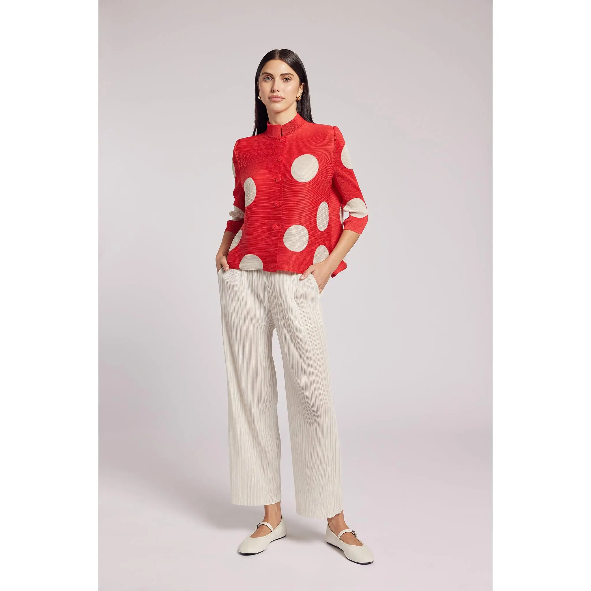 Mari Dot Mandarin Collar Crystal Pleats Shirt - Red