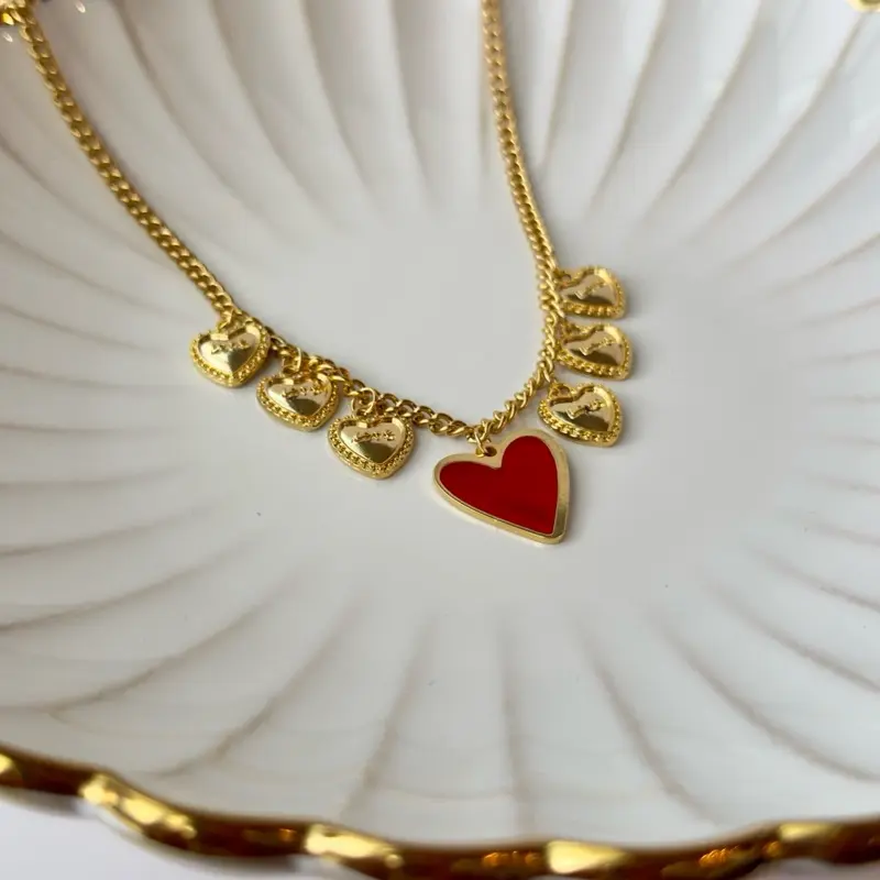 Her Name is Kiki - Gold Plated Steel Chain Necklace with Heart Charms & Red Resin Pendant Perfect Match for Your Outfit