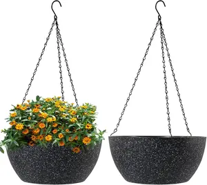 10 inch Hanging Planters for Outdoor Indoor  with Drainage Holes and Chain, 2 Pack Round Hanging Flower Pots for Garden Home Porch Decor, Speckled Black