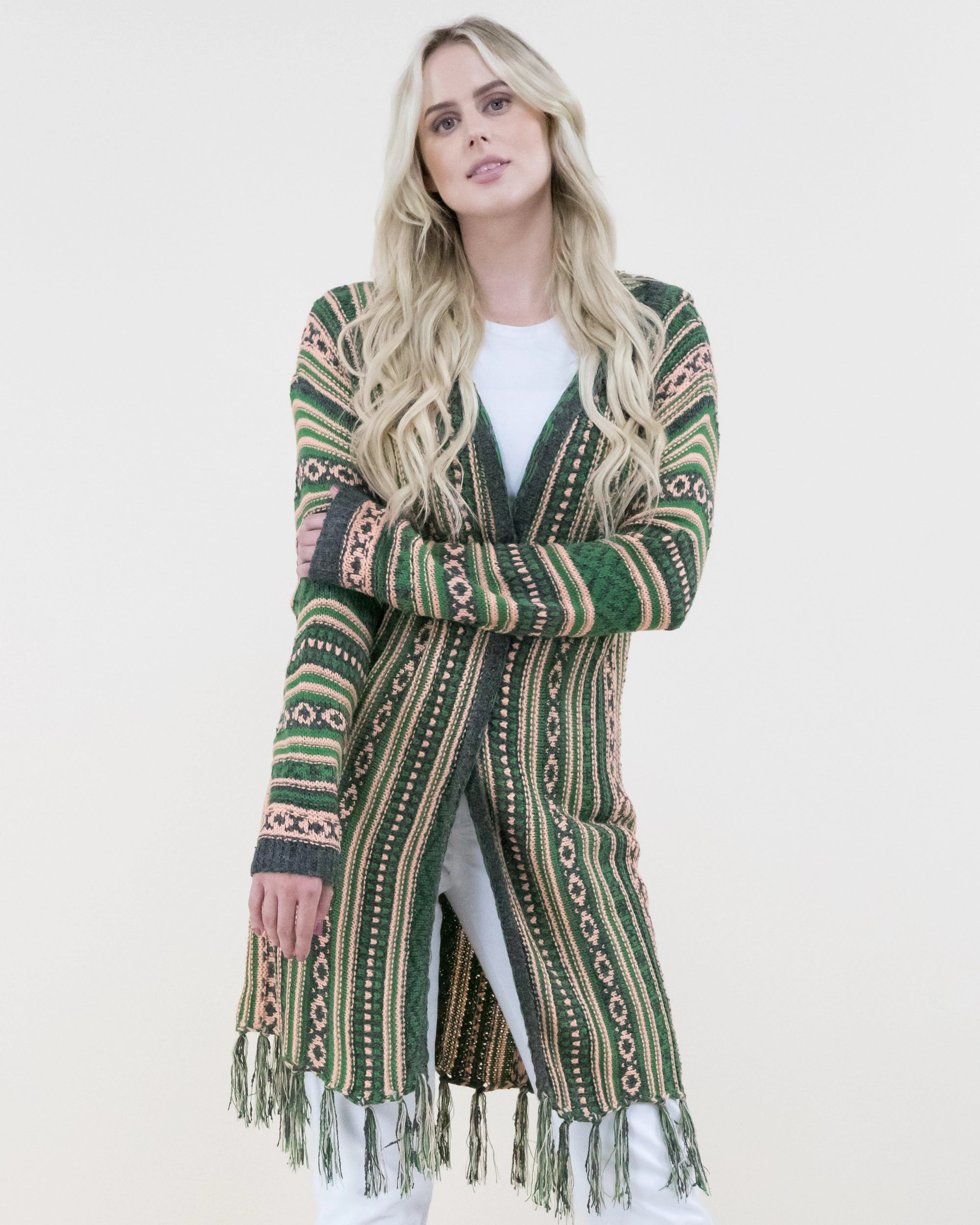 Tribal Stripe Cardigan with Fringe and Hood