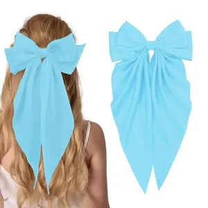Large Satin Bow Barrettes Clips, Light Blue Bow Hair Clips for Women, Long Ribbon Hair Accessories Gifts for Girls (Light Blue)