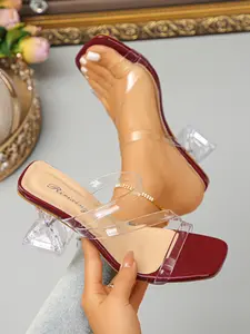 Women's Transparent Double Strap Chunky Heel Sandals, Bright Summer Fashion, Vacation Sandals, Simple Party Sandals, Transparent Buckle Shoes, Elegant Classy Sandals