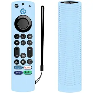SQ-RDC002 Voice Control silicone Remote Case for Toshiba/Insignia Fire TV Omni Series or 4-Series - Anti Slip, Shockproof with Lanyard (Ice Blue Glow)