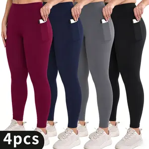 4 pairs Plus size high-waisted solid color pocket pants tummy control side pocket casual and simple, suitable for spring, summer and autumn, sports and leisure clothing