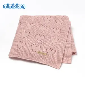 Mimixiong OEKO Tex Knitted Blankets Solid Color Lovely Heart Pattern Comfortable Cotton Swaddle Blankets