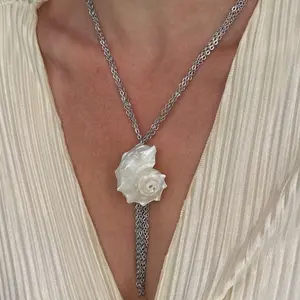 Silver Conch Shell Pendant  for Women, Multi Strand Cable Chain Choker, Shimmering Iridescent Sea Shell Statement  with Cascading Tassel Fringe cross necklace