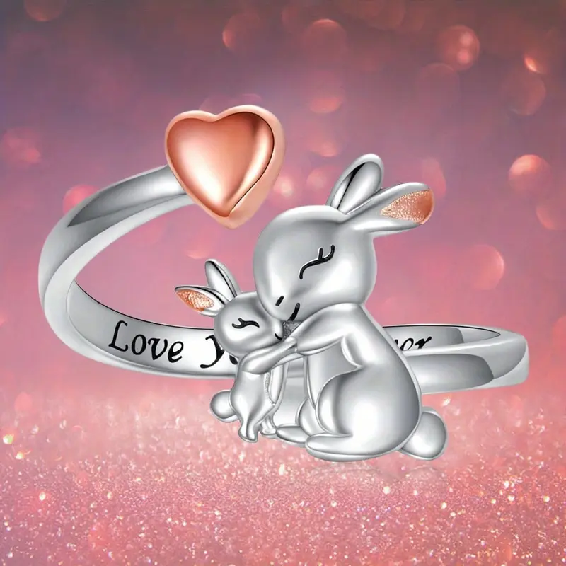 S925 Sterling Silver Rose Gold-Plated Rabbit Design Mother-Daughter Open Ring, Adjustable Jewelry for Female, Special Bonding Moment Gift