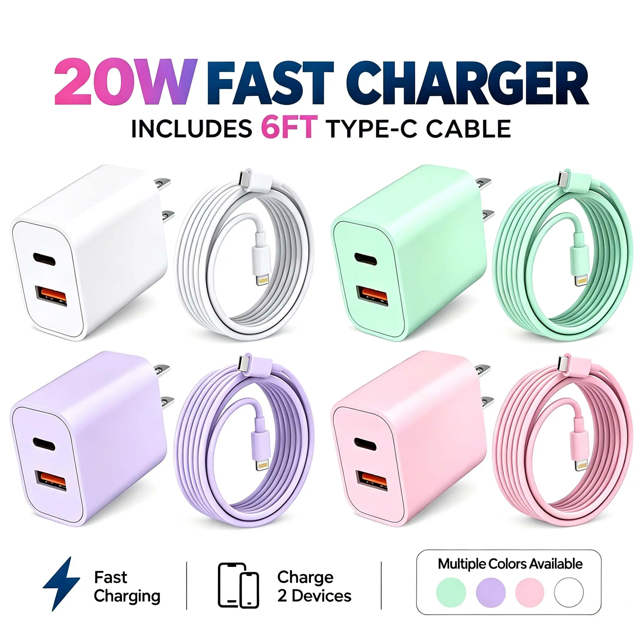 20W MFi Certified Fast Charger for iPhone 14 13 12 11, Dual Port USB C + USB A Charger Block with 6FT USB C to Lightning Cable, PD Wall Adapter