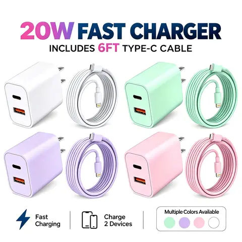 20W MFi Certified Fast Charger for iPhone 14 13 12 11, Dual Port USB C + USB A Charger Block with 6FT USB C to Lightning Cable, PD Wall Adapter