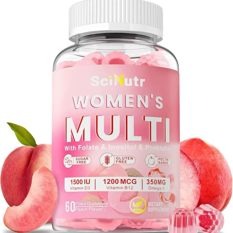 SciNutr Women's Multigummies with Folate Inositol Probiotic 1500 IU Vitamin D3 1200 MCG B12 350MG Omega 3 Sugar-Free Gluten-Free Peach Flavor 60 Gummies, Chewable, 60 Pieces
