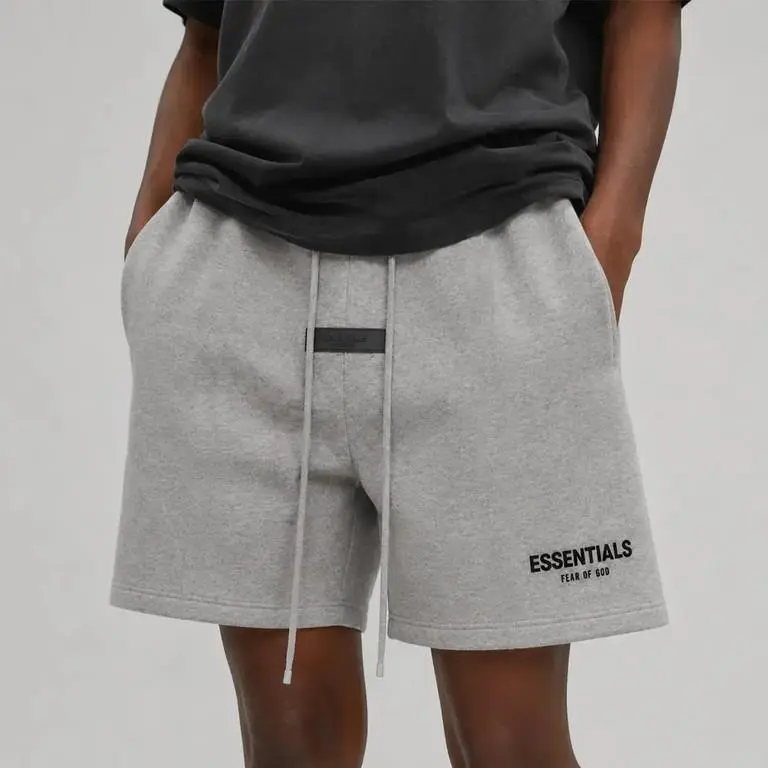 Fear of God Essentials SS22 Heather Gray Logo Shorts Long Drawstring Relaxed Fit Casual Fleece Bottoms Everyday Streetwear
