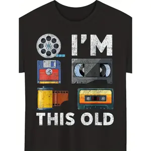 Retro Vintage Media Technology T-Shirt - Nostalgic Cassette VHS Floppy Disk Print Short Sleeve Round Neck Tee - Digital Heat Transfer Casual Shirt for Tech Conventions & Casual Attire