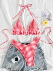 Women's Plaid Bikini Set with Cute Accessories, Fashionable and Vibrant Ladies Swimsuit Two-Piece, Stylish Beachwear Bathing Suit Bikini