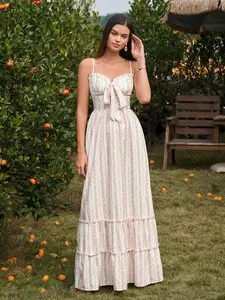 Backless Bow Smocked Bodycon Cake Cami Dress, Beach Vacations, Outdoor Weddings, and Other Relaxed and Romantic Social Occasions, Vacation-Style Casual Dresses